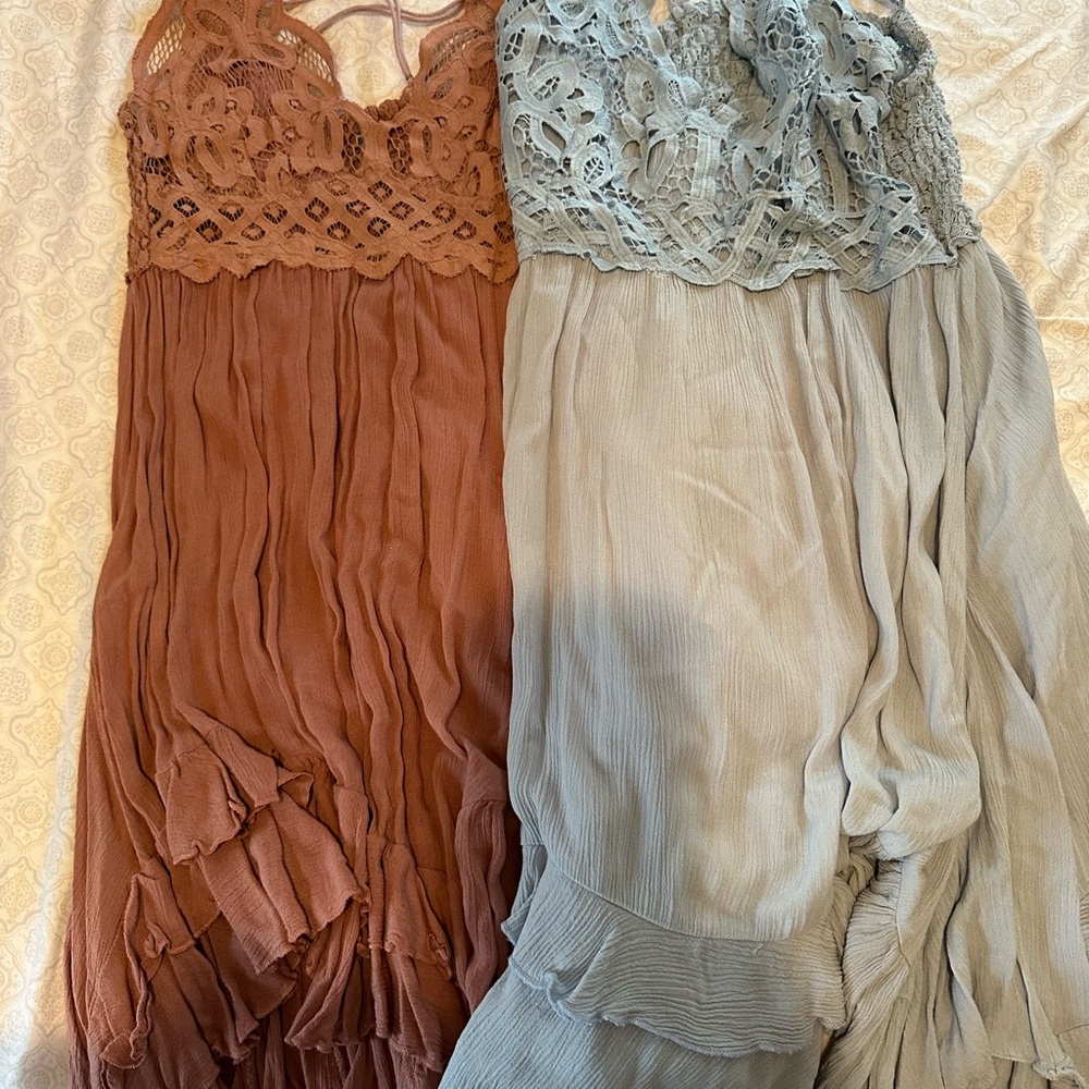 Lace and Pleated Dresses in Rust and Blue